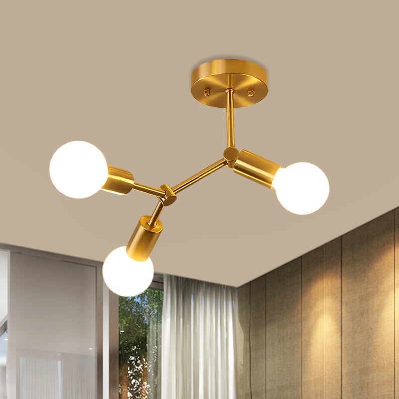 Rotating Molecule Exposed Ceiling Flush Postmodern Metal 3/4-Light Corridor Semi Mount Lighting in Brass