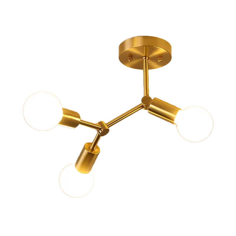 Rotating Molecule Exposed Ceiling Flush Postmodern Metal 3/4-Light Corridor Semi Mount Lighting in Brass