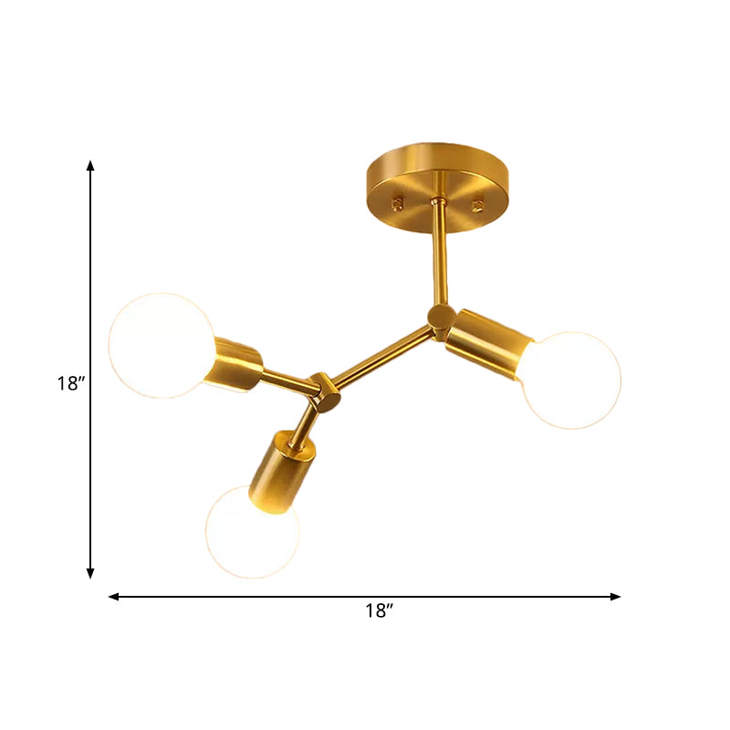 Rotating Molecule Exposed Ceiling Flush Postmodern Metal 3/4-Light Corridor Semi Mount Lighting in Brass