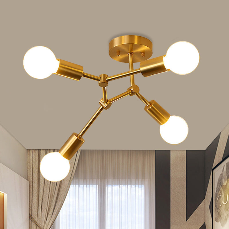 Rotating Molecule Exposed Ceiling Flush Postmodern Metal 3/4-Light Corridor Semi Mount Lighting in Brass