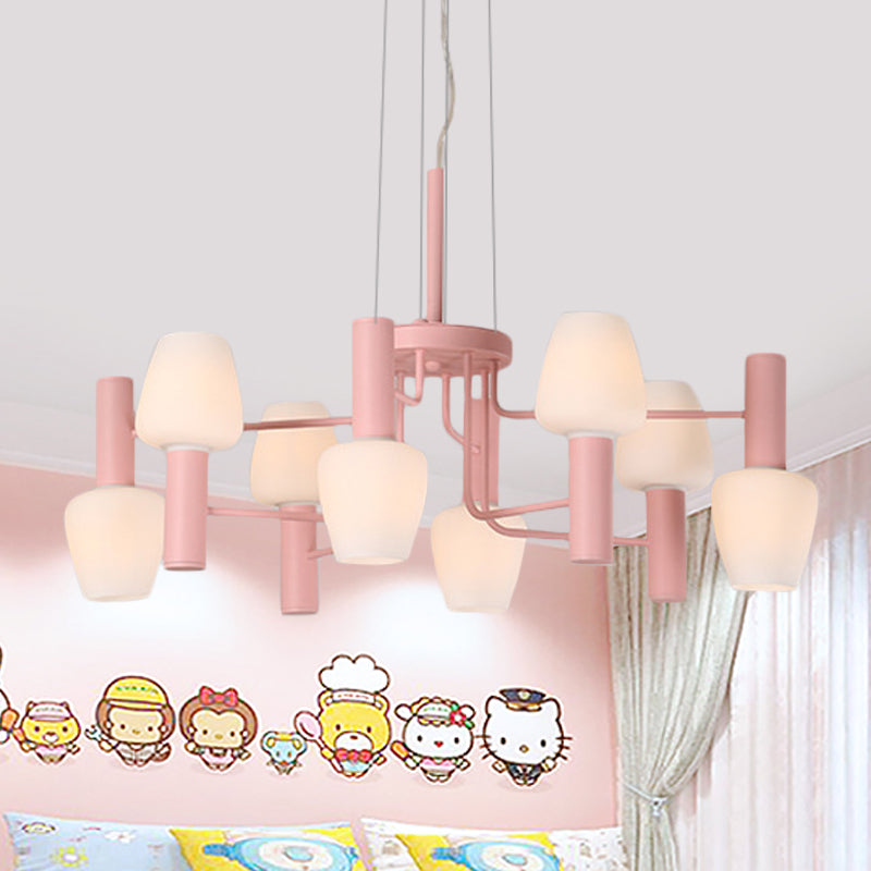 8 lampen lounge plafond kroonluchter macaron roze/geel/blauw hangende lamp met omhoog fles melkglas schaduw