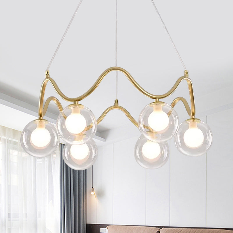 Iron Wave Pendant Ceiling Light Modern Stylish 6 Lights Brass Chandelier with Clear/White Double Ball Glass Shade