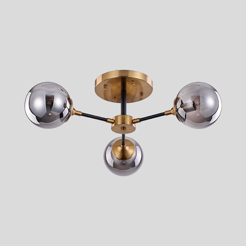 Postmodern Radial Smoke Glass Semi Flush 3/6 Heads Flush Mount Ceiling Chandelier in Brass and Black