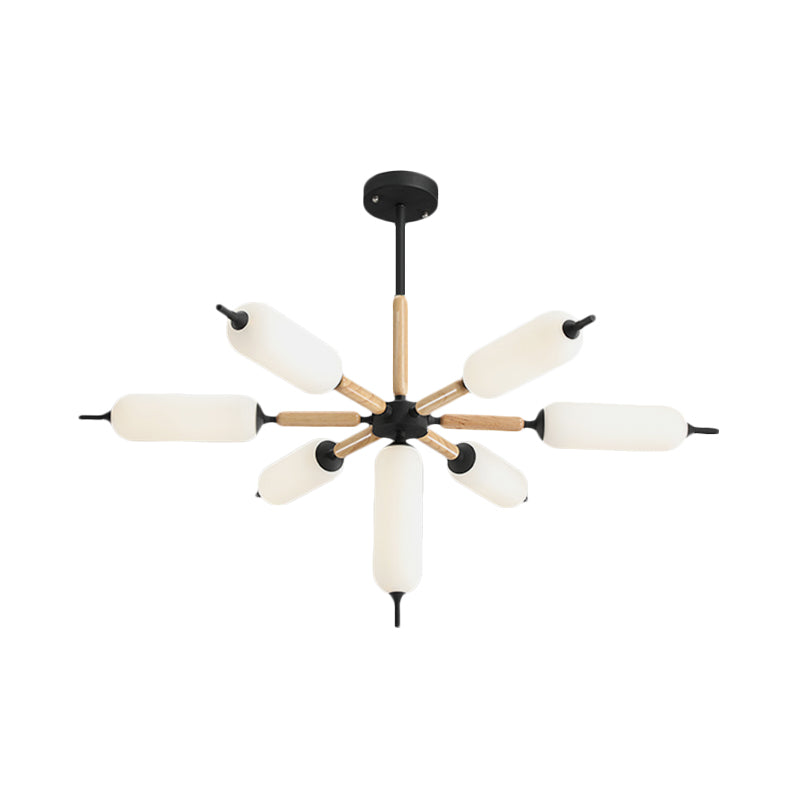 Houten barstende kroonluchter licht Noordse 7-lights black plafond suspensielampje met cilindermatte glazen lampenkap