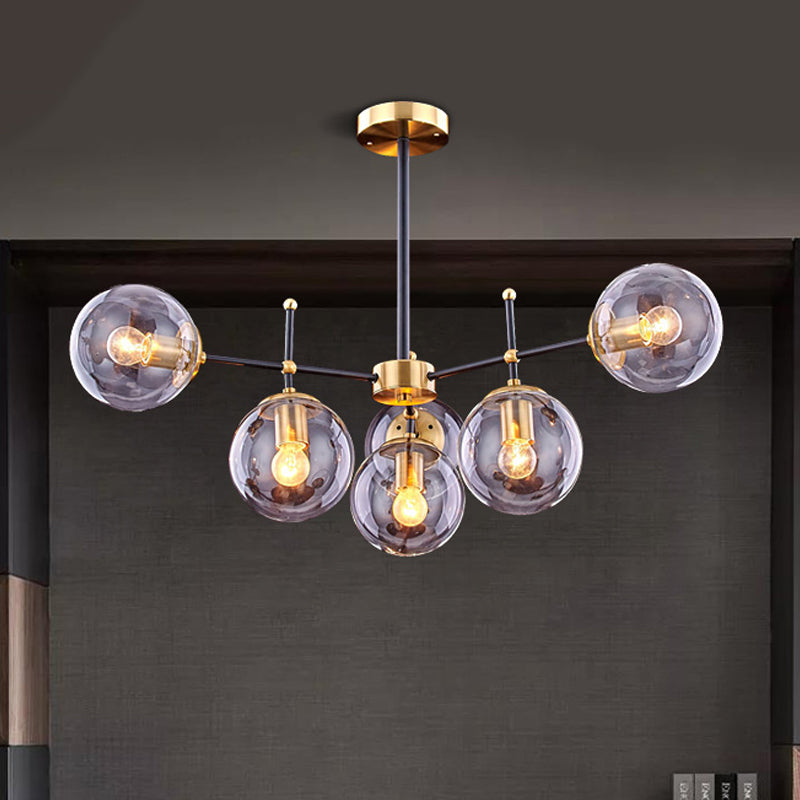 Globe Ceiling Mount Chandelier Vintage Smoke Glass 6-Light Living Room Semi Flush Light Fixture in Black-Brass