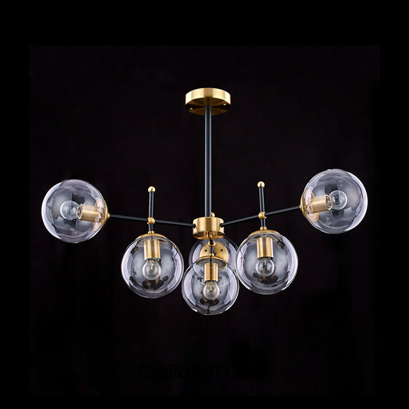 Globe Ceiling Mount Chandelier Vintage Smoke Glass 6-Light Living Room Semi Flush Light Fixture in Black-Brass