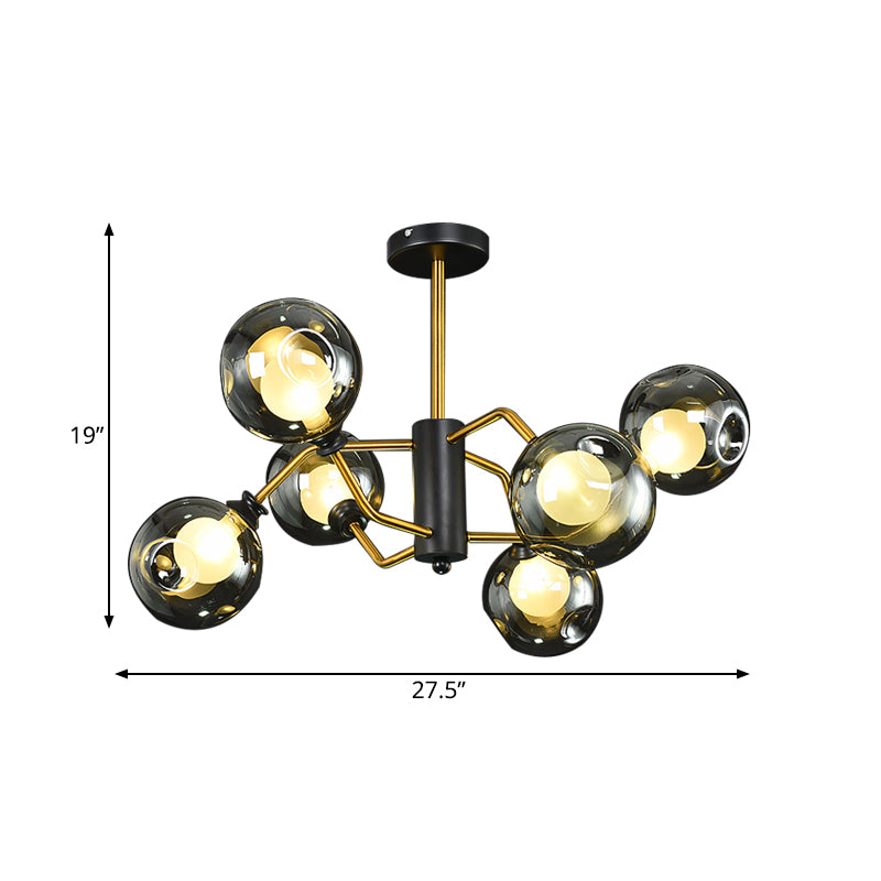 Luz de techo de semi rascillo curvado Modernismo Metal 6 cabezas Candelera de al ras de latón con humo gris tono de vidrio de hoyuelos