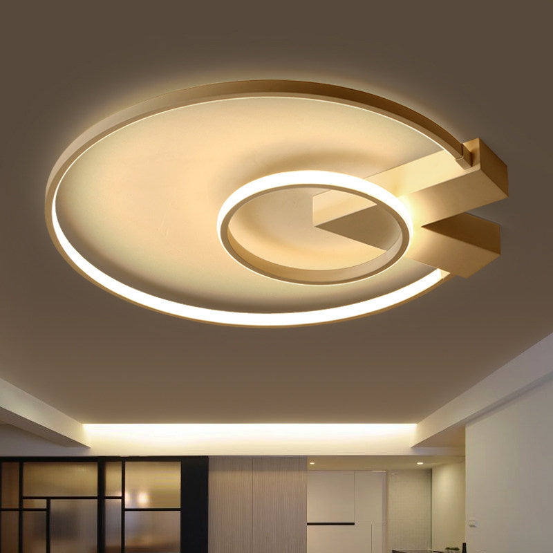 White/Gold 2-Circle Flush Mount Lighting Contemporary Aluminum LED Ceiling Fixture with V Neck Design