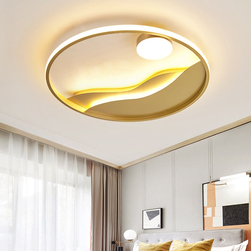 16"/19.5" W Modern Style LED Flush Light Aluminum Golden Sea Sunset Close to Ceiling Fixture with Glow Hoop in Warm/White Light