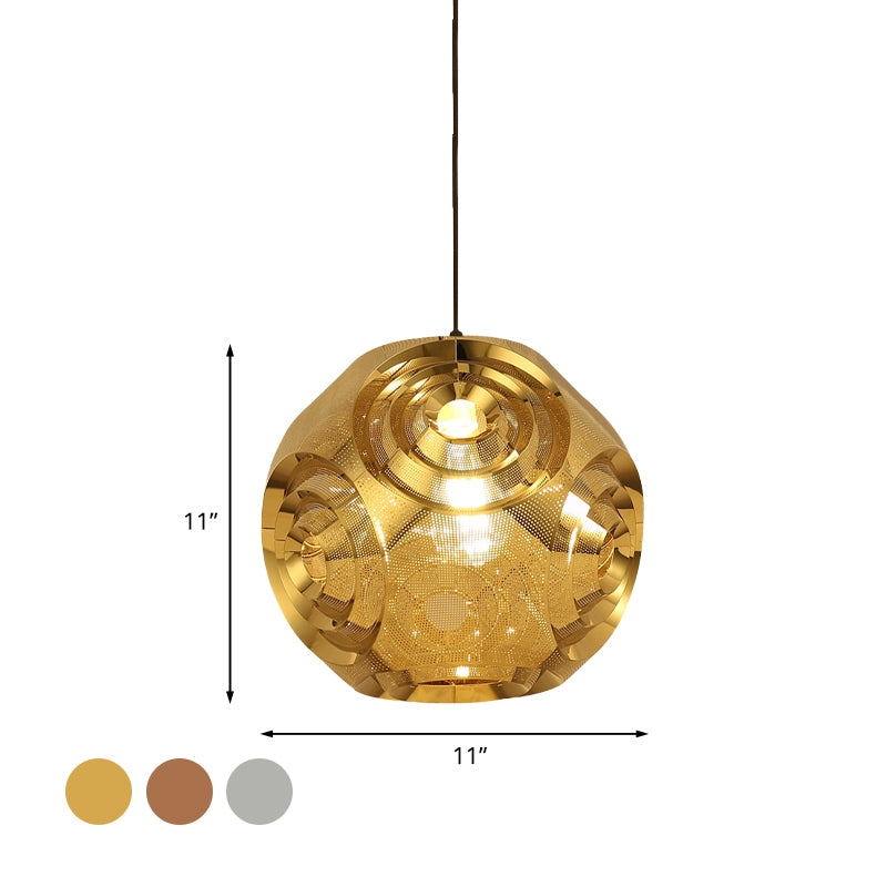Stainless Steel Sphere Pendant Lamp Colonial 1-Head Cafe Suspension Light with Cutout Design in Chrome/Gold/Rose Gold, 11"/15" W