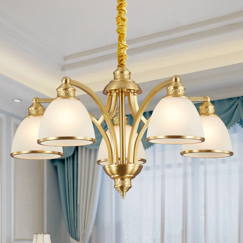 Tazón lámpara de lámpara de vidrio marfil colonial 3/5/8 bulbos sala de estar colgante de iluminación en oro