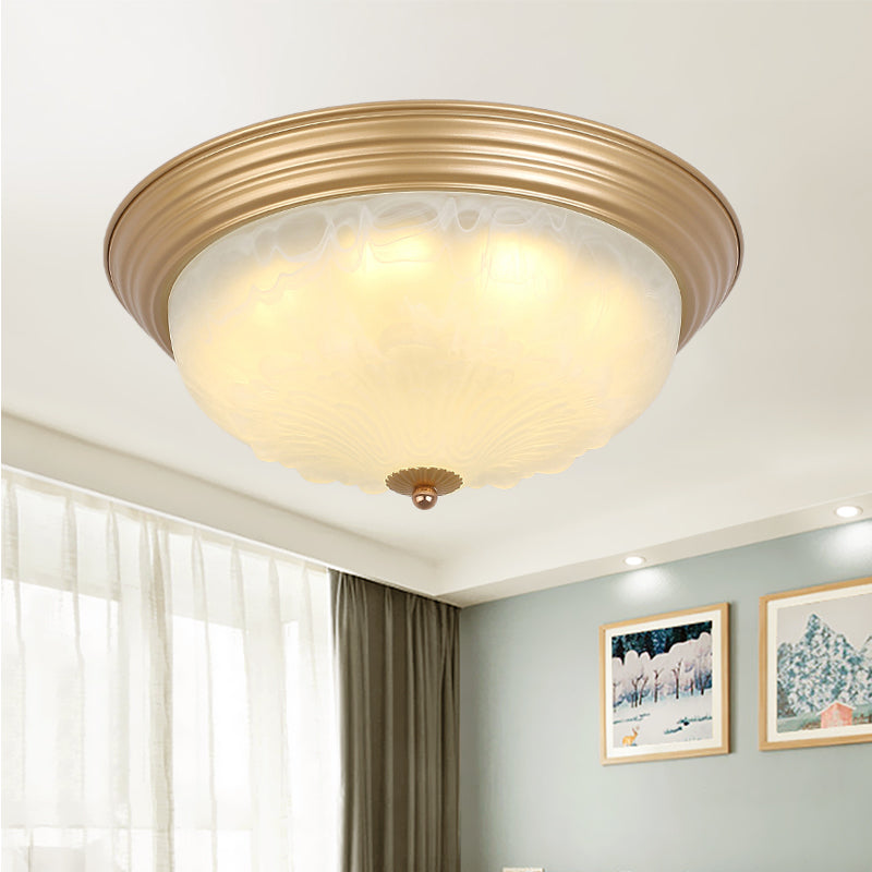 Gold 2/3 Heads Ceiling Light Colonial White Glass Bowl Shape Flush Mount Recessed Lighting, 16"/19.5" Width