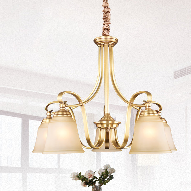 Colonialism Flared Chandelier Light Fixture 5/6 Bulbs Opal Glass Suspension Lamp in Gold with Scrolling Arm