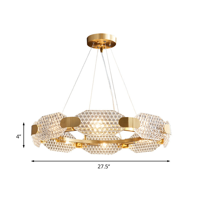 8-Head Octagon Chandelier Light Colonialist Gold Clear Textured Glass Ceiling Lamp with Circular Design