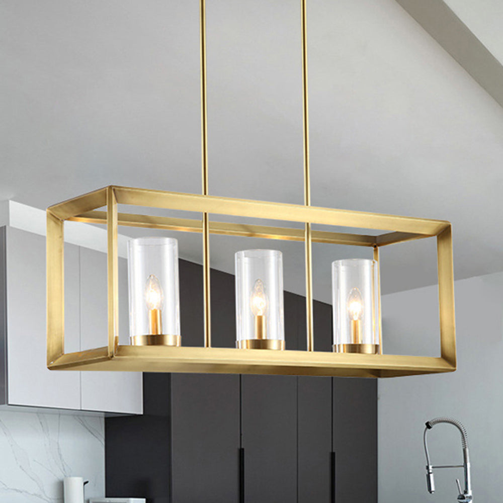 3/4 Bulbs Island Ceiling Light Colonial Cylindrical Clear Glass Suspension Lamp in Gold with Rectangle Metal Cage