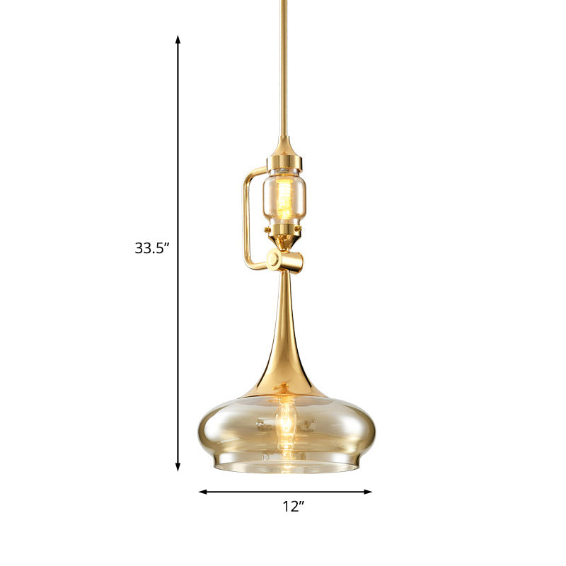 Trumpet Amber Glass Hanging Pendant Colonialism 2 Lights Restaurant Ceiling Light in Gold