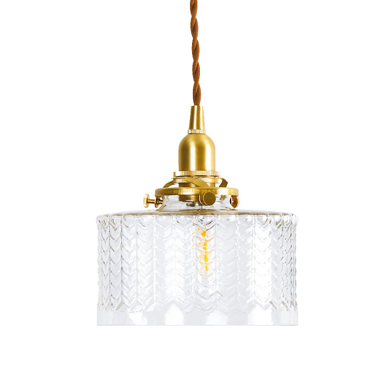 Drum Clear Textured Glass Pendant Colonialist 6"/8" W 1 Head Living Room Hanging Ceiling Light in Gold