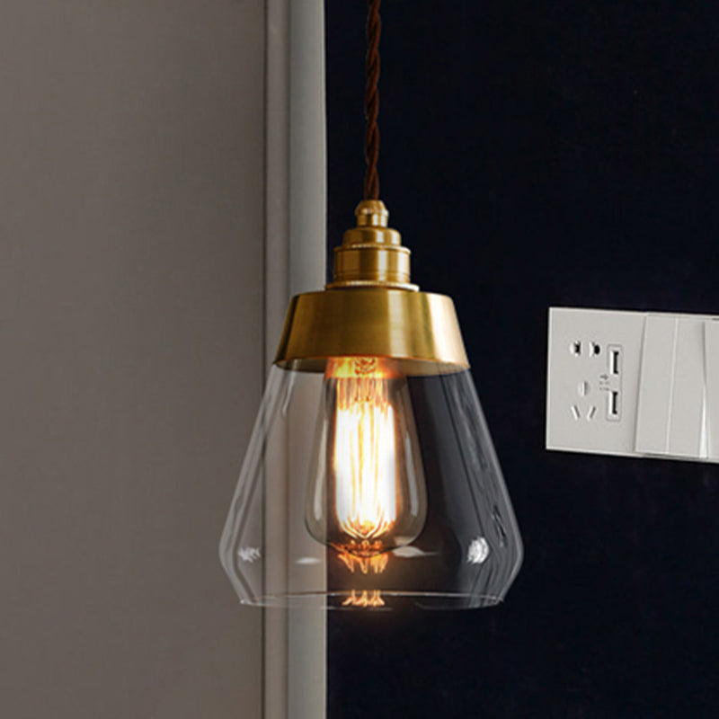 1 Bulb Down Lighting Pendant Colonial Restaurant Drop Lamp with Cone Clear Glass Shade in Gold