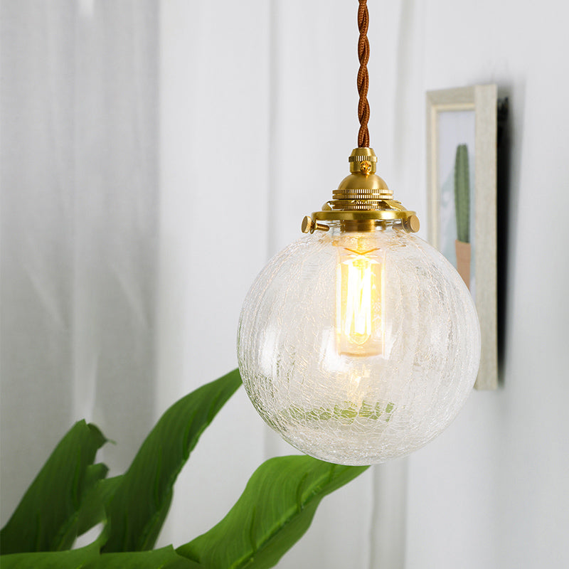 Gold 1-Light Ceiling Lamp Colonial Clear Crackle/Bubble Glass Globe/Oval/Cylinder Suspended Lighting Fixture for Bedroom