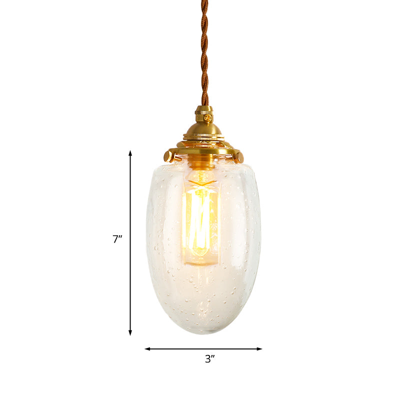 Gold 1-Light Ceiling Lamp Colonial Clear Crackle/Bubble Glass Globe/Oval/Cylinder Suspended Lighting Fixture for Bedroom