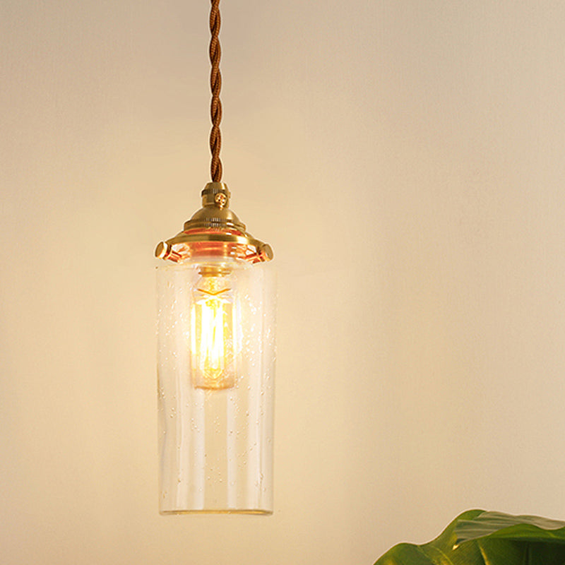 Gold 1-Light Ceiling Lamp Colonial Clear Crackle/Bubble Glass Globe/Oval/Cylinder Suspended Lighting Fixture for Bedroom