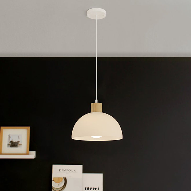 Acrylic Bowl Hanging Light Simplicity Single White Suspension Pendant Light with Wood Cap