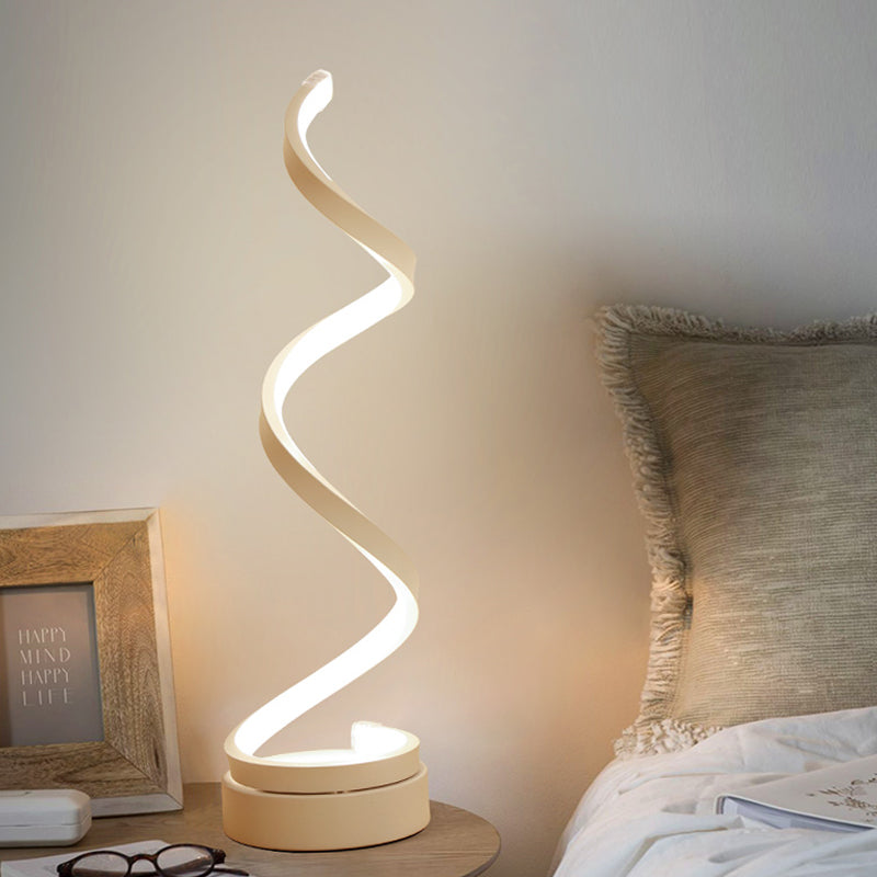 Minimalist Stylish Swirl LED Table Lamp Acrylic Bedroom Night Lighting in White with Plug In Cord