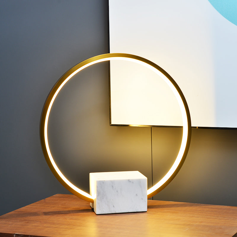 Gold Hoop Nightstand Lamp Minimalist Aluminum LED Table Lighting with Block Marble Pedestal