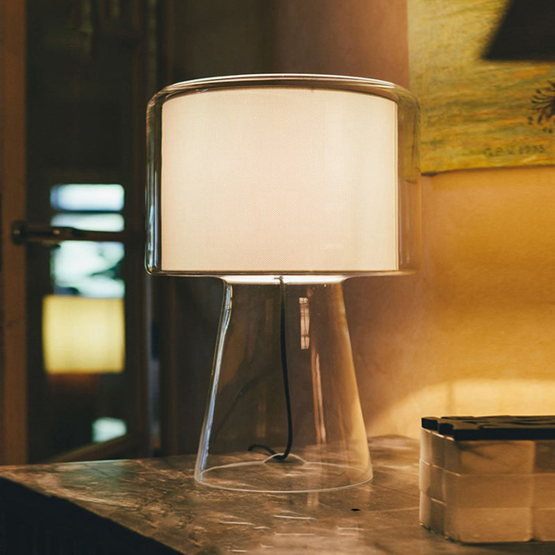 Clear Glass Fungus Plug-In Night Lamp Modernist Single White/Beige Table Light with Gathered Fabric Shade Inside