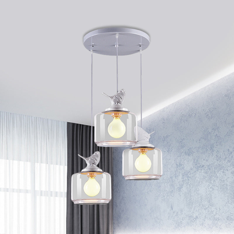 Drum Clear Glass Pendant Lighting Nordic 3 Bulbs White Multi Light Ceiling Light with Resin Bird Top