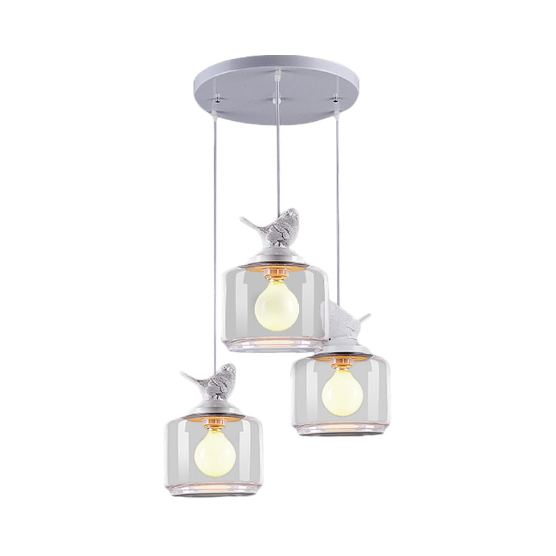 Drum Clear Glass Pendant Lighting Nordic 3 Bulbs White Multi Light Ceiling Light with Resin Bird Top