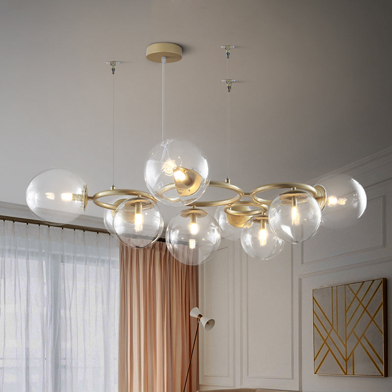 Multi-Circle Chandelier Light Modern Iron 9-Light Gold Hanging Lamp with Bubble Glass Shade