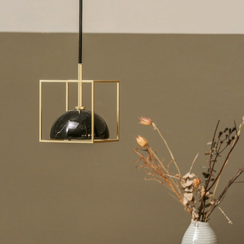 Marble Small Dome Hanging Light Kit Mid Century 1 Head Black/Green Ceiling Pendant with Gold Cubic Wire Cage Guard