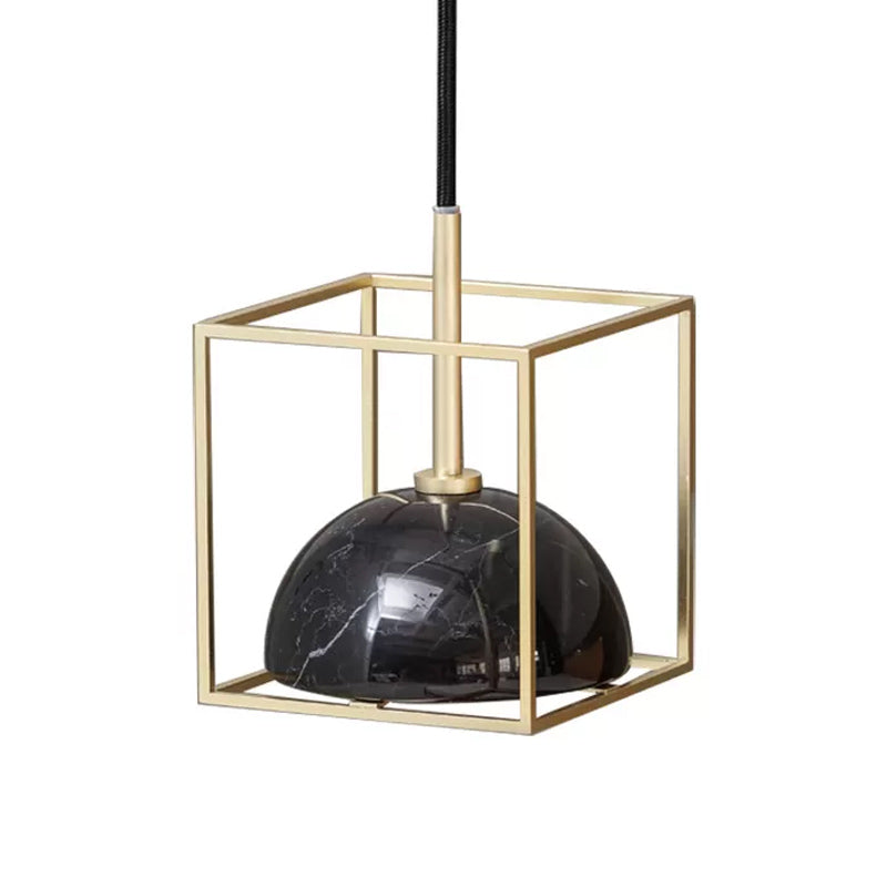 Marble Small Dome Hanging Light Kit Mid Century 1 Head Black/Green Ceiling Pendant with Gold Cubic Wire Cage Guard
