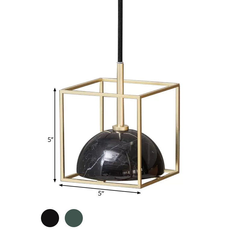 Marble Small Dome Hanging Light Kit Mid Century 1 Head Black/Green Ceiling Pendant with Gold Cubic Wire Cage Guard