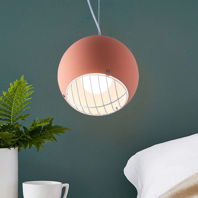 Macaron Mini Dome Pendant Lighting Aluminum 1 Head Bedside Ceiling Light in Pink with Wire Guard Bottom