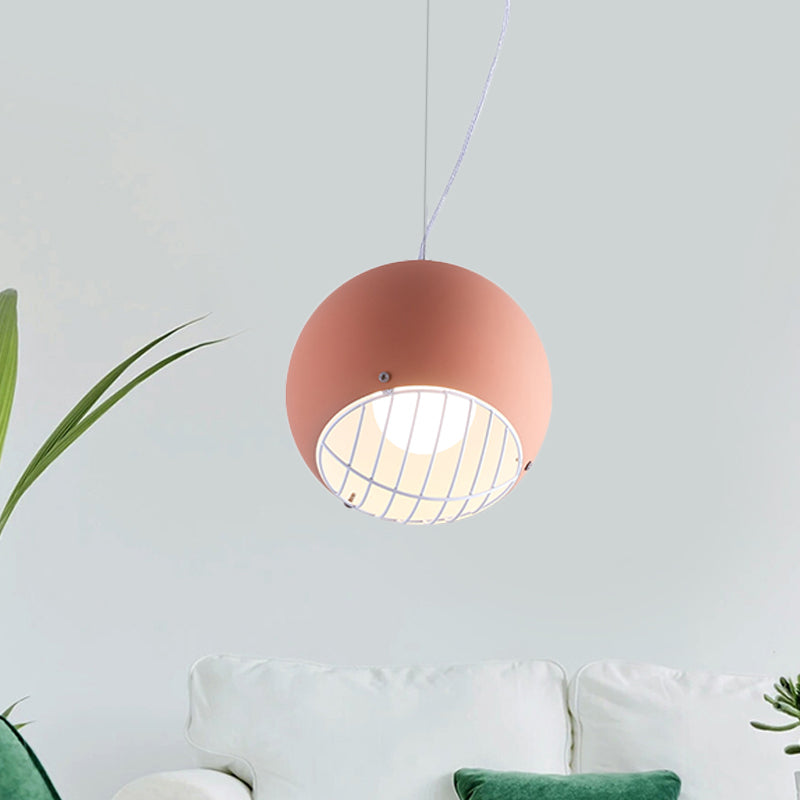 Macaron Mini Dome Pendant Lighting Aluminum 1 Head Bedside Ceiling Light in Pink with Wire Guard Bottom