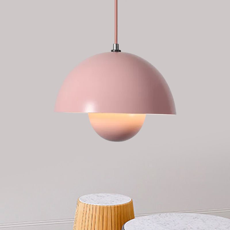 Macaron Dome Pendant Lighting Iron 1 Head Dining Table Suspension Lamp in Pink/Green/Yellow with Inner Capsule Diffuser