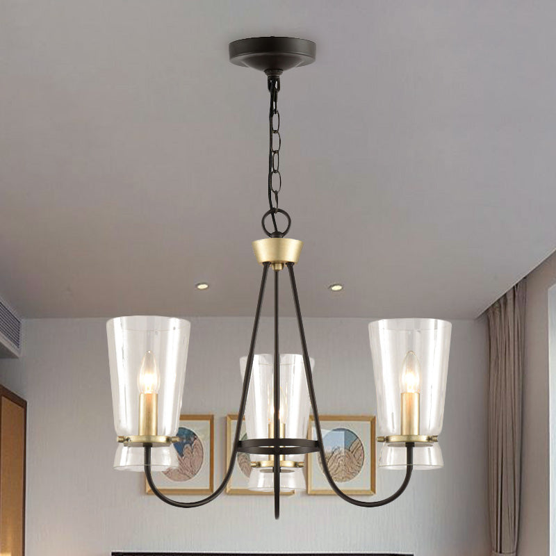 Heldere glazen kegel hangende kroonluchter vintage 3/6 lichten slaapkamer suspensielamp in zwart met gebogen arm