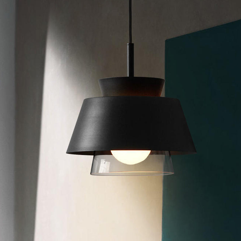 2 Tiers Shade Hanging Pendant Light Minimalist Iron Single Black/White Ceiling Lamp with Transparent Glass Shade Inside