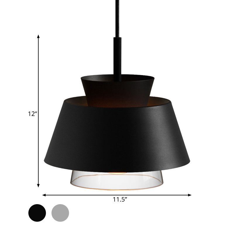 2 Tiers Shade Hanging Pendant Light Minimalist Iron Single Black/White Ceiling Lamp with Transparent Glass Shade Inside