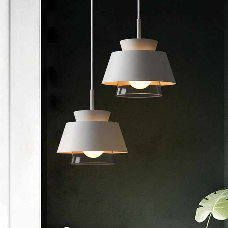 2 Tiers Shade Hanging Pendant Light Minimalist Iron Single Black/White Ceiling Lamp with Transparent Glass Shade Inside