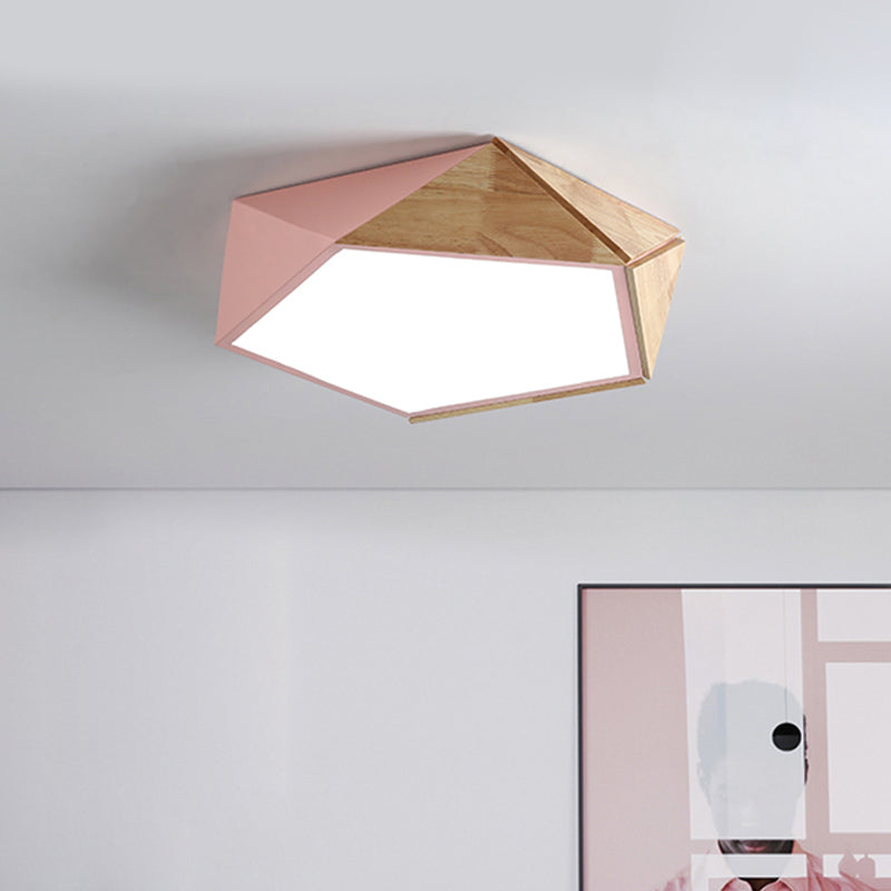 Wood Splicing 3D Pentangle Ceiling Flush Macaron Pink/Green LED Flush Mounted Lamp in Warm/White Light, 16.5/20.5 Inch Wide