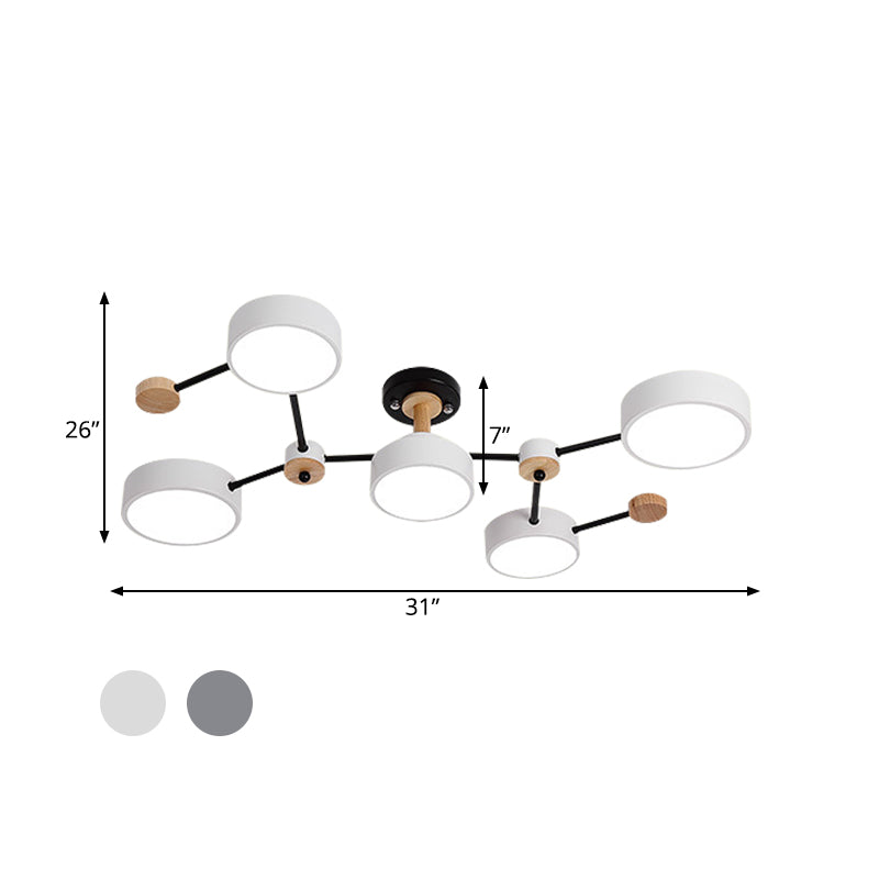 White/Grey Round Shade Ceiling Lamp Nordic 5 Bulbs Iron Semi Flush Mount Fixture with Vine Design