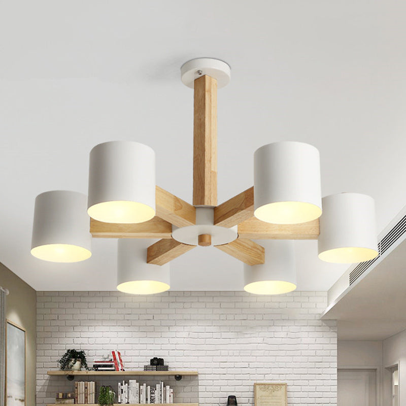 Cylindrical Lounge Ceiling Lamp Metal 6 Heads Nordic Semi Flush Mount Chandelier in White with Wood Burst Designed Stem
