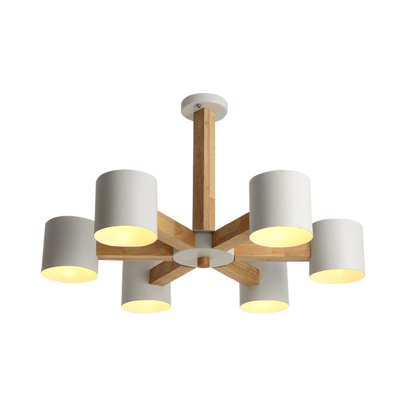 Cylindrical Lounge Ceiling Lamp Metal 6 Heads Nordic Semi Flush Mount Chandelier in White with Wood Burst Designed Stem