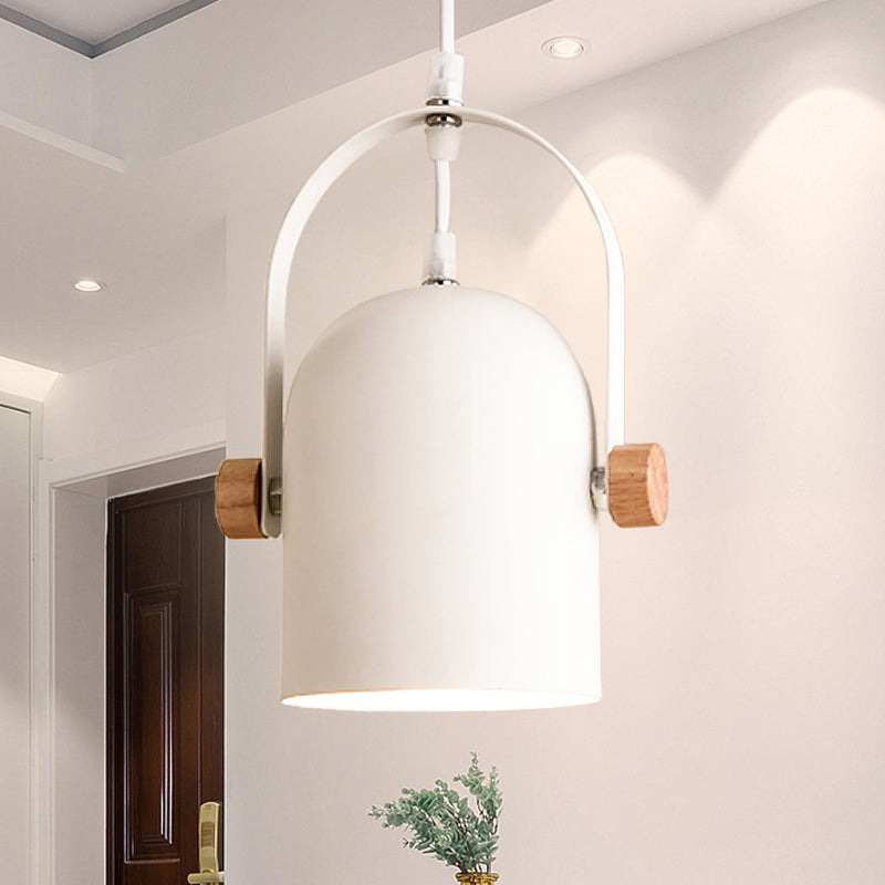 Nordic 1 Light Ceiling Pendant Metallic White Elongated Dome Hanging Light with Wood Lock and Adjustable Handle