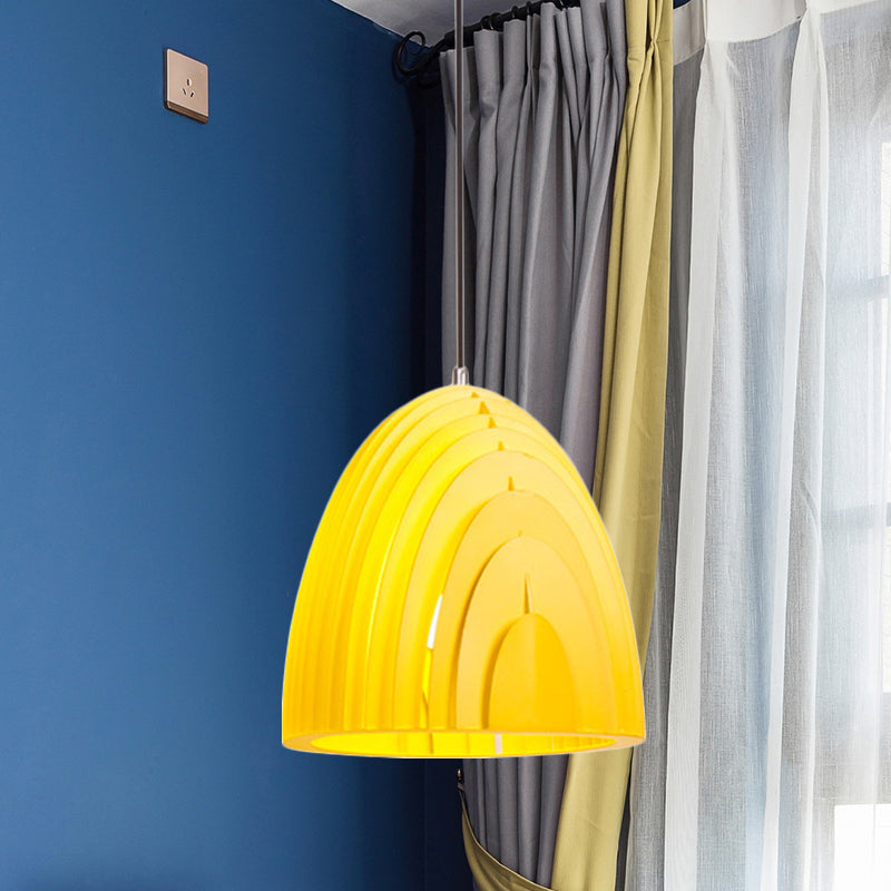 Wood Grain Designed Dome Suspension Lamp Simple Creative Single White/Yellow/Blue Pendant Light Kit