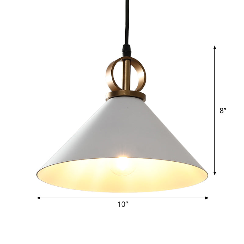 Conical Dining Table Suspension Light Metal 1 Head Minimalist Pendant Lamp in White with Ring Knob
