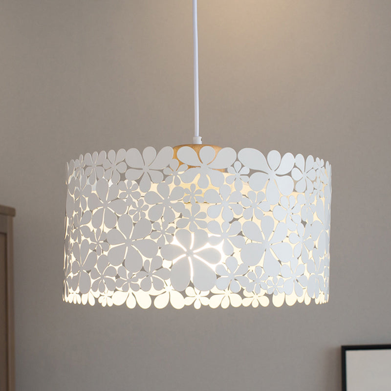 Cutout Petals Drum Iron Pendant Lamp Modern 1 Head White Hanging Ceiling Light for Dining Room